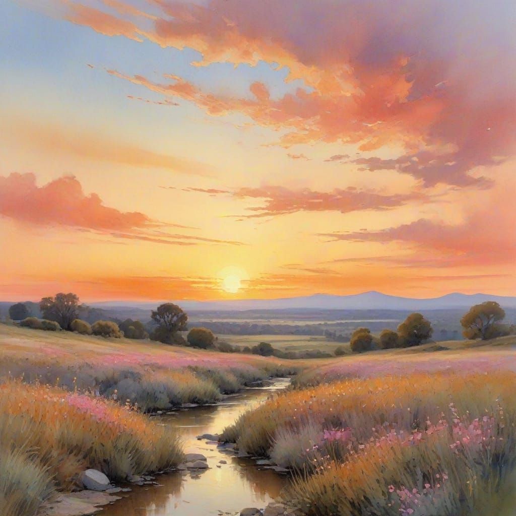 Impressionist Sunset Over Horizon in Watercolor Style