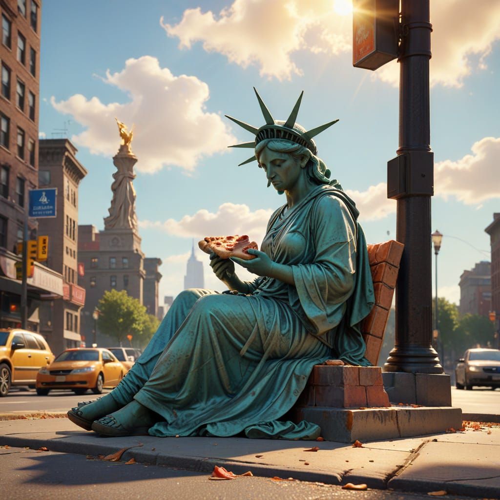 Statue of Liberty Eating Pizza: Hyper-Realistic Digital Art