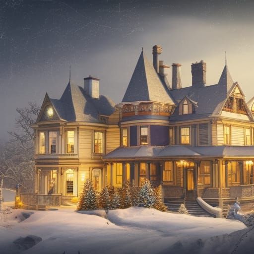 Victorian Christmas House in Winter Landscape