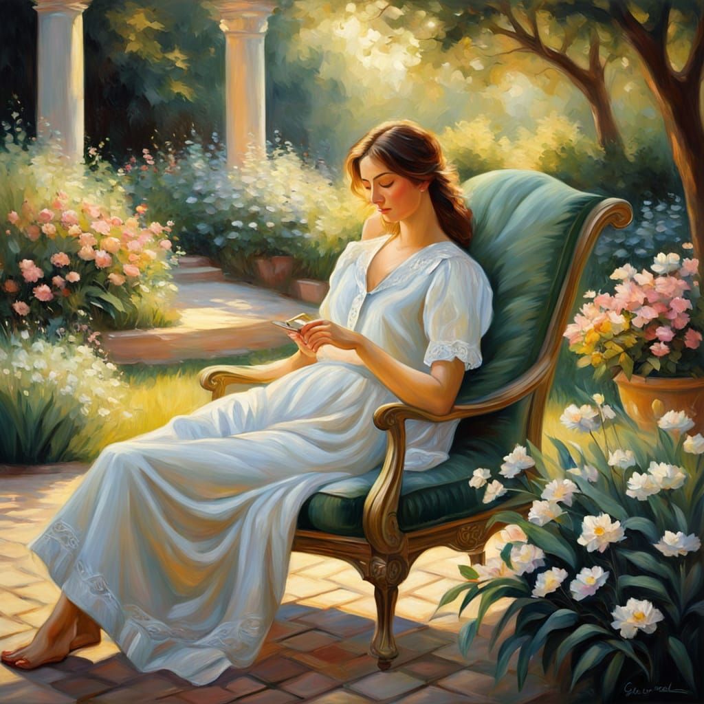 Impressionist Oil Painting of a Young Lady in a Serene Garde...
