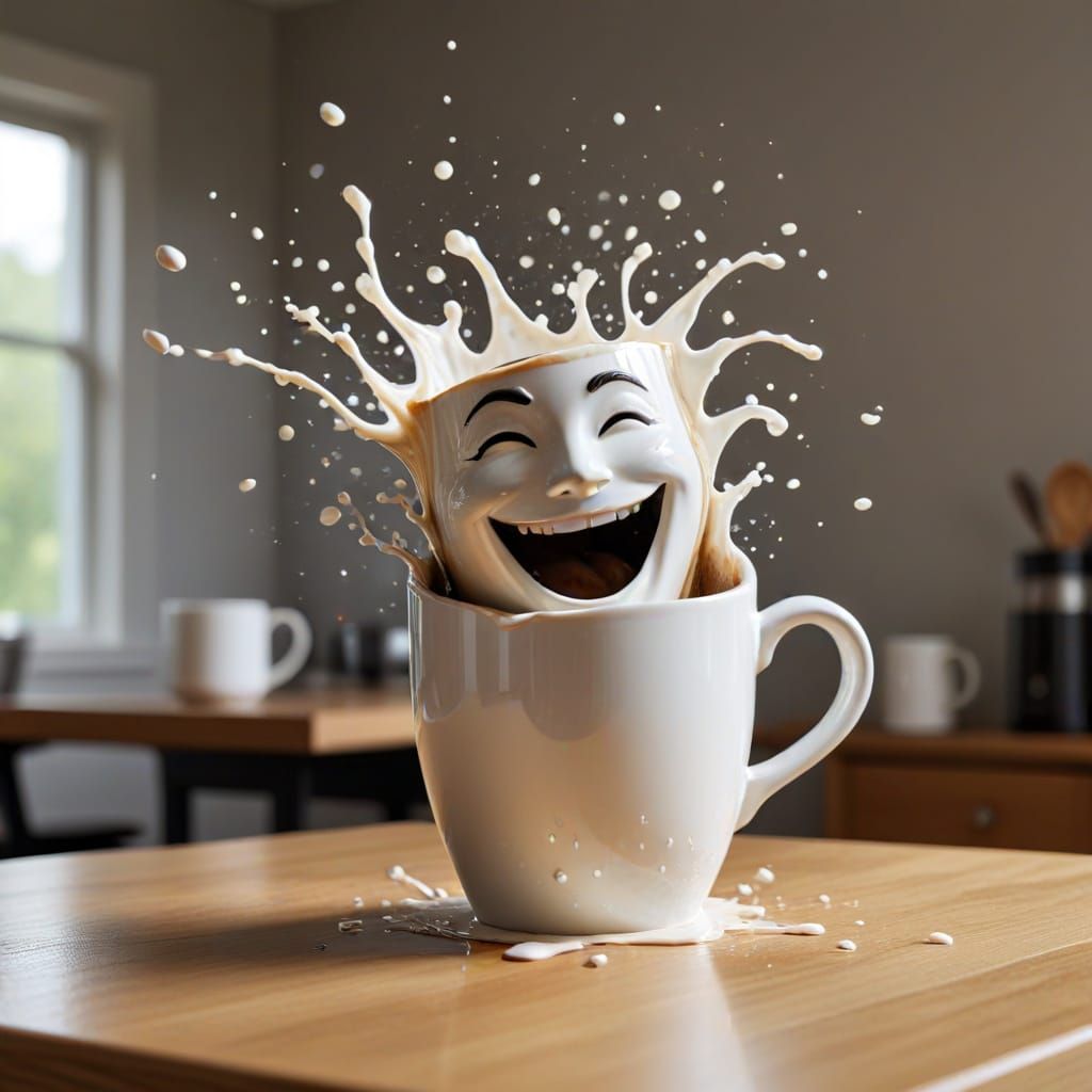 Dancing Coffee Mug Spills Laughing Face Splash