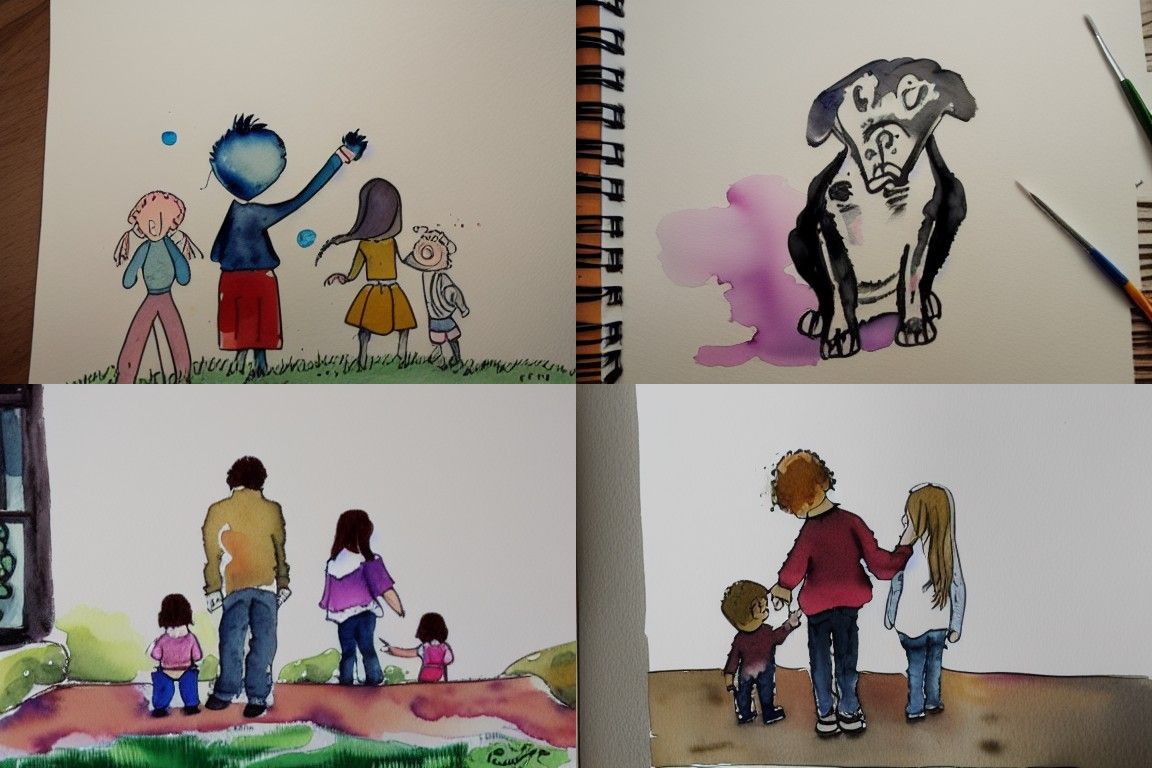 Babysitting Scene in Watercolor and Ink