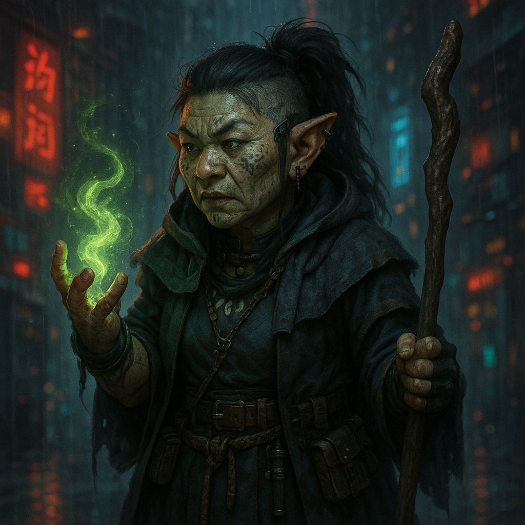 Shadowrun Female Koborokuru Spellcaster in Cyberpunk Style