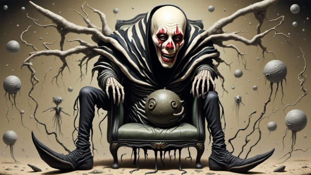 Surreal Mime Horror Face on Three-Legged Chair