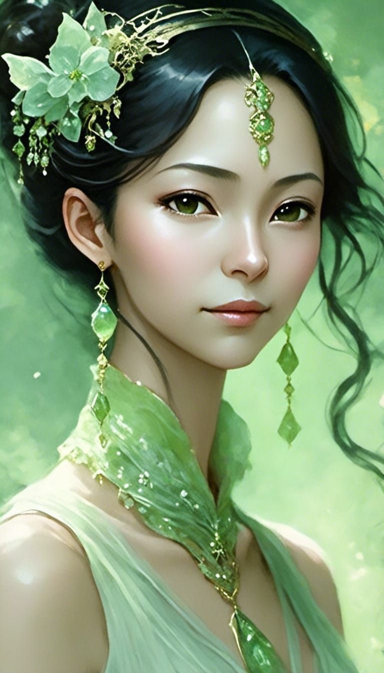 Prehnite Masked Girl in Magical Forest, Digital Art