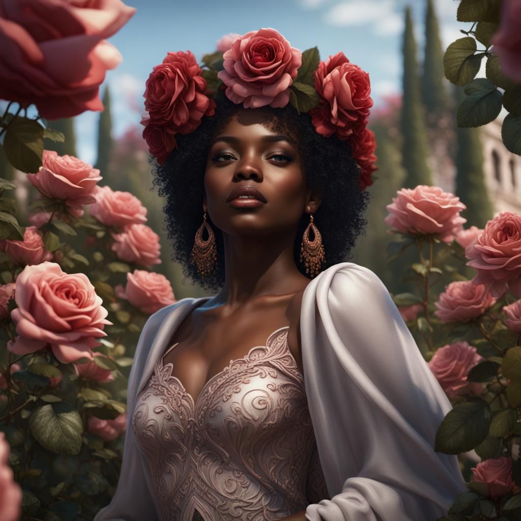Black Woman with Rose Crown in Fantasy Garden