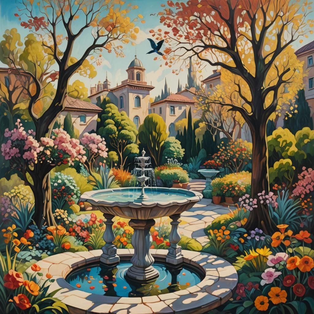 Vibrant Surrealist Garden Oil Painting in Dali Style