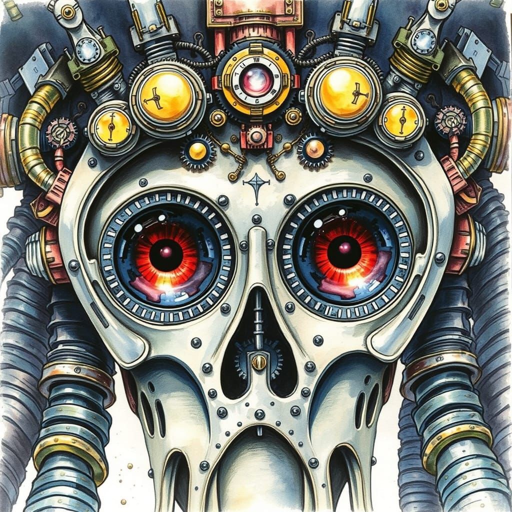 Steampunk Xenomorph with Compound Eyes in Watercolor