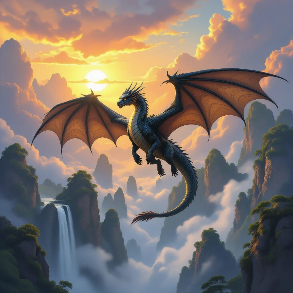 Ancient Obsidian Dragon Soars Over Floating Islands at Sunse...