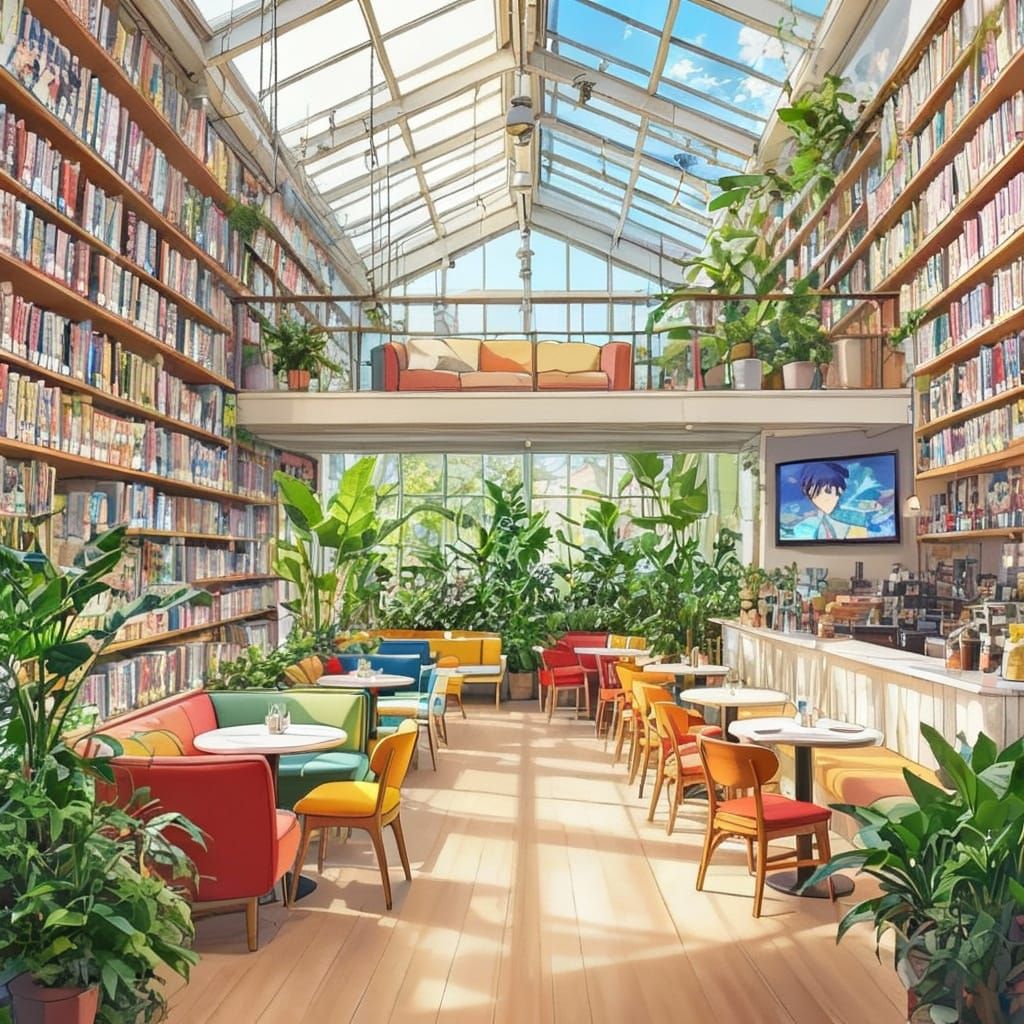 Cozy Anime Cafe with Manga Bookshelves and TV