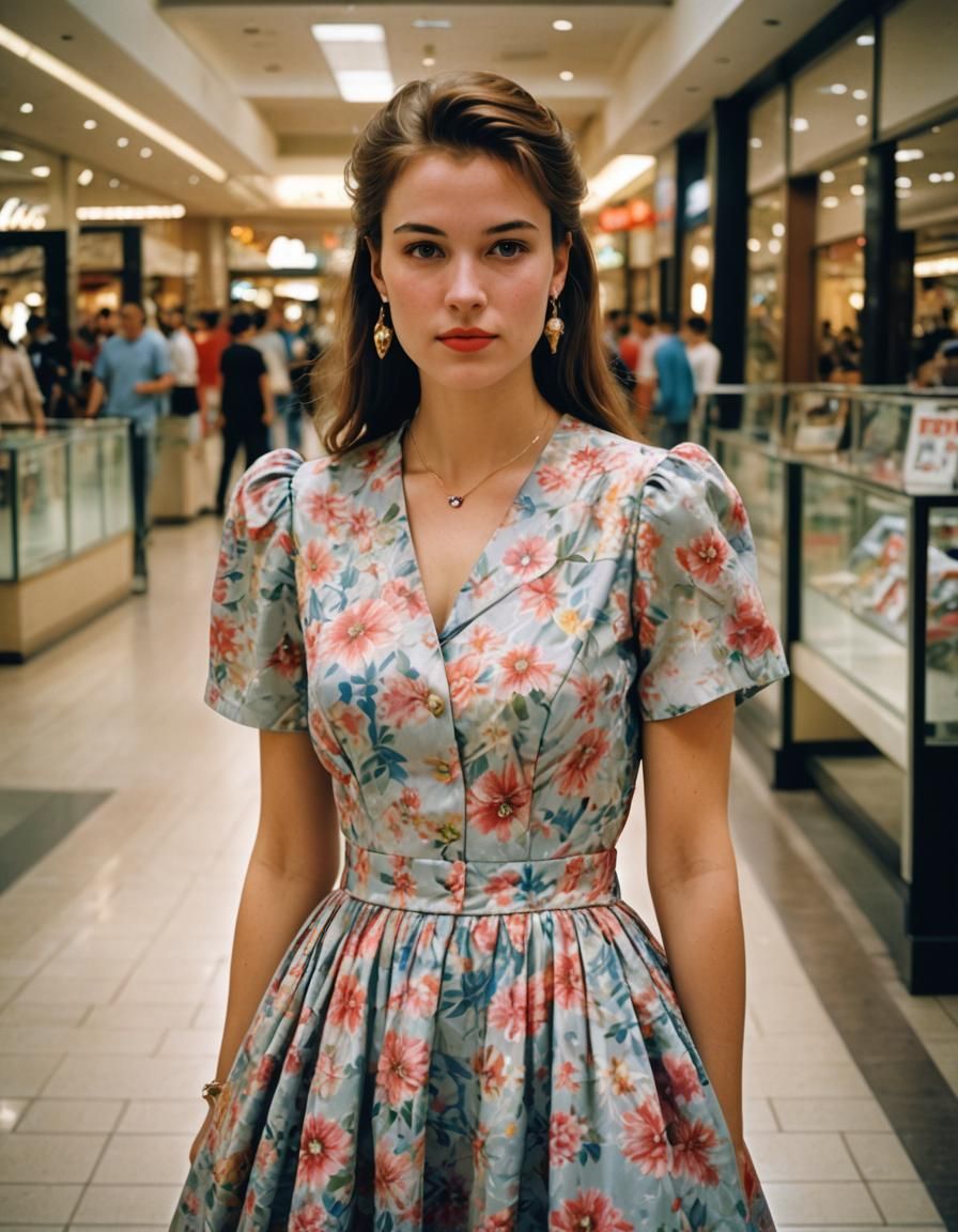 A beautiful young woman in a beautiful 1990s dress, at a 1990s mall, half body portrait,