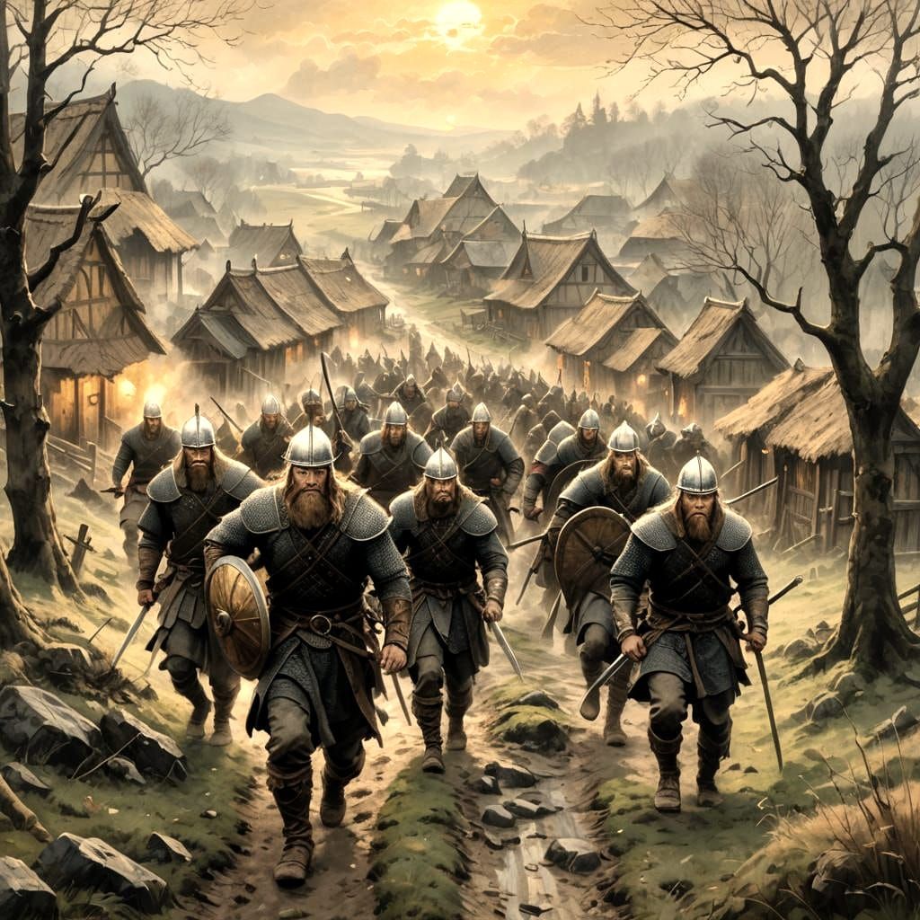 Viking Raiders at Dawn: Medieval Oil Painting
