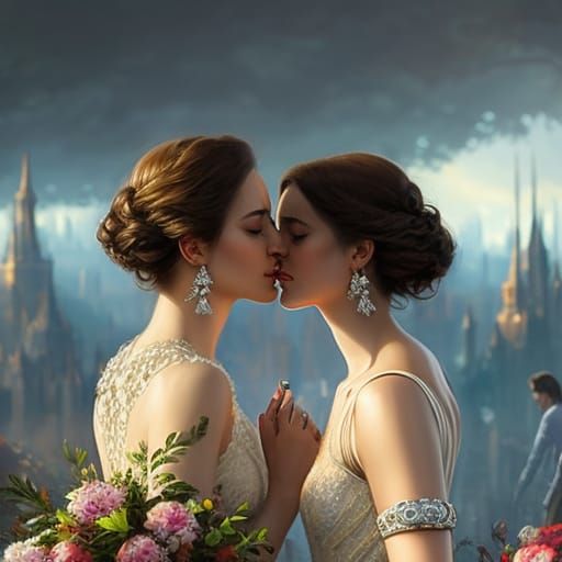 Two Women Kissing with Engagement Ring in Expressionist Styl...