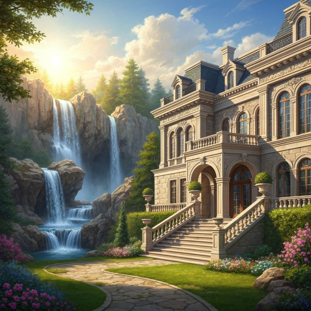 Luxury Mansion with Waterfalls in Hyperreal Style
