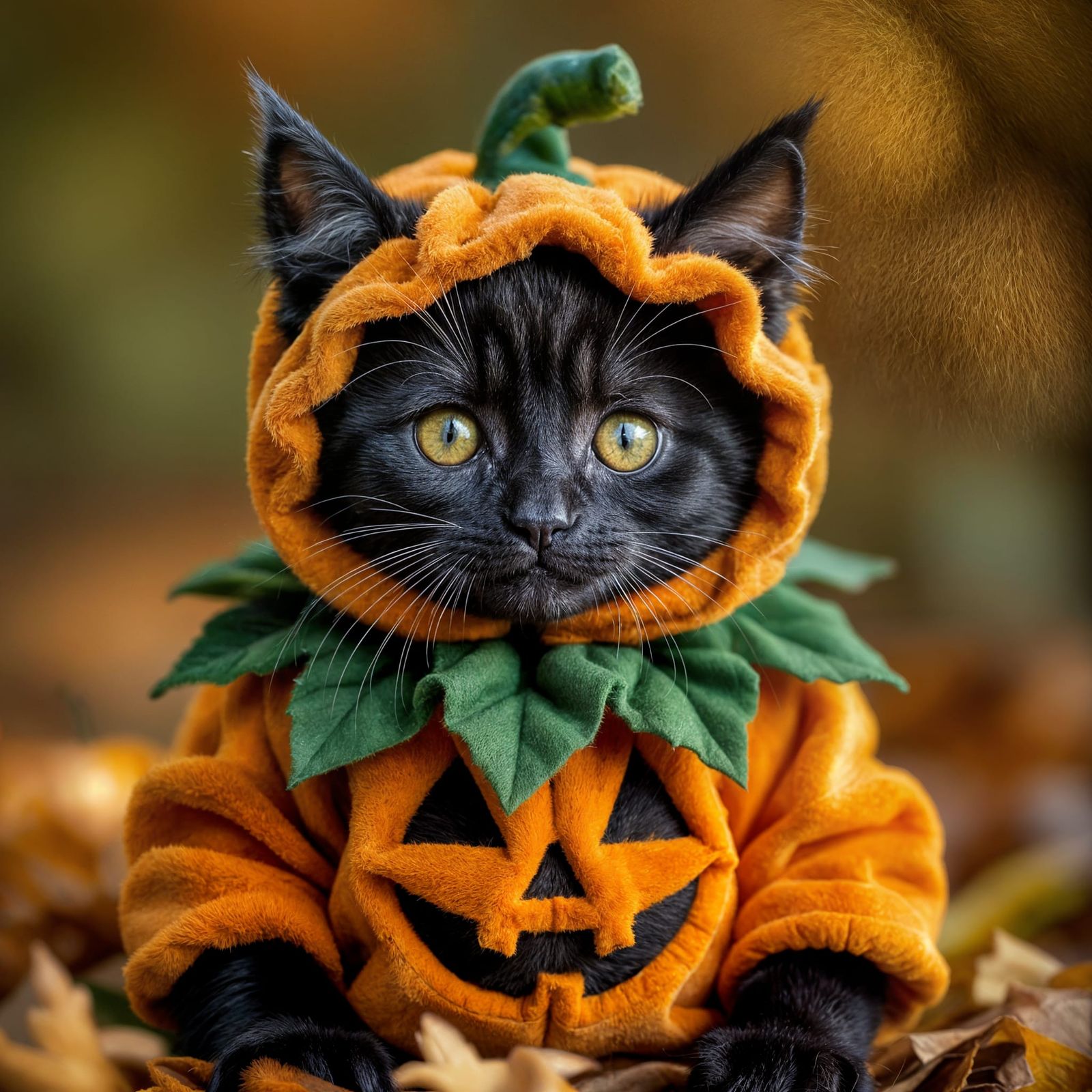 Black Kitten in Adorable Pumpkin Costume