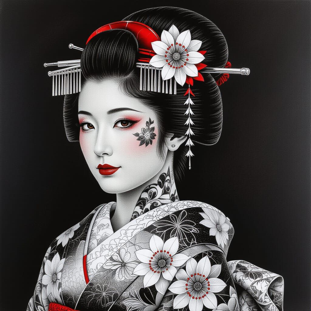 Hyperdetailed Charcoal Portrait of a Tattooed Geisha