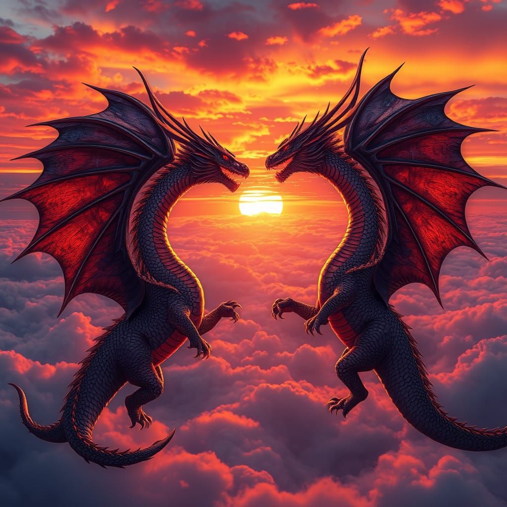 Surreal Dragons Soar Through Vibrant Sunset Skies in Impress...