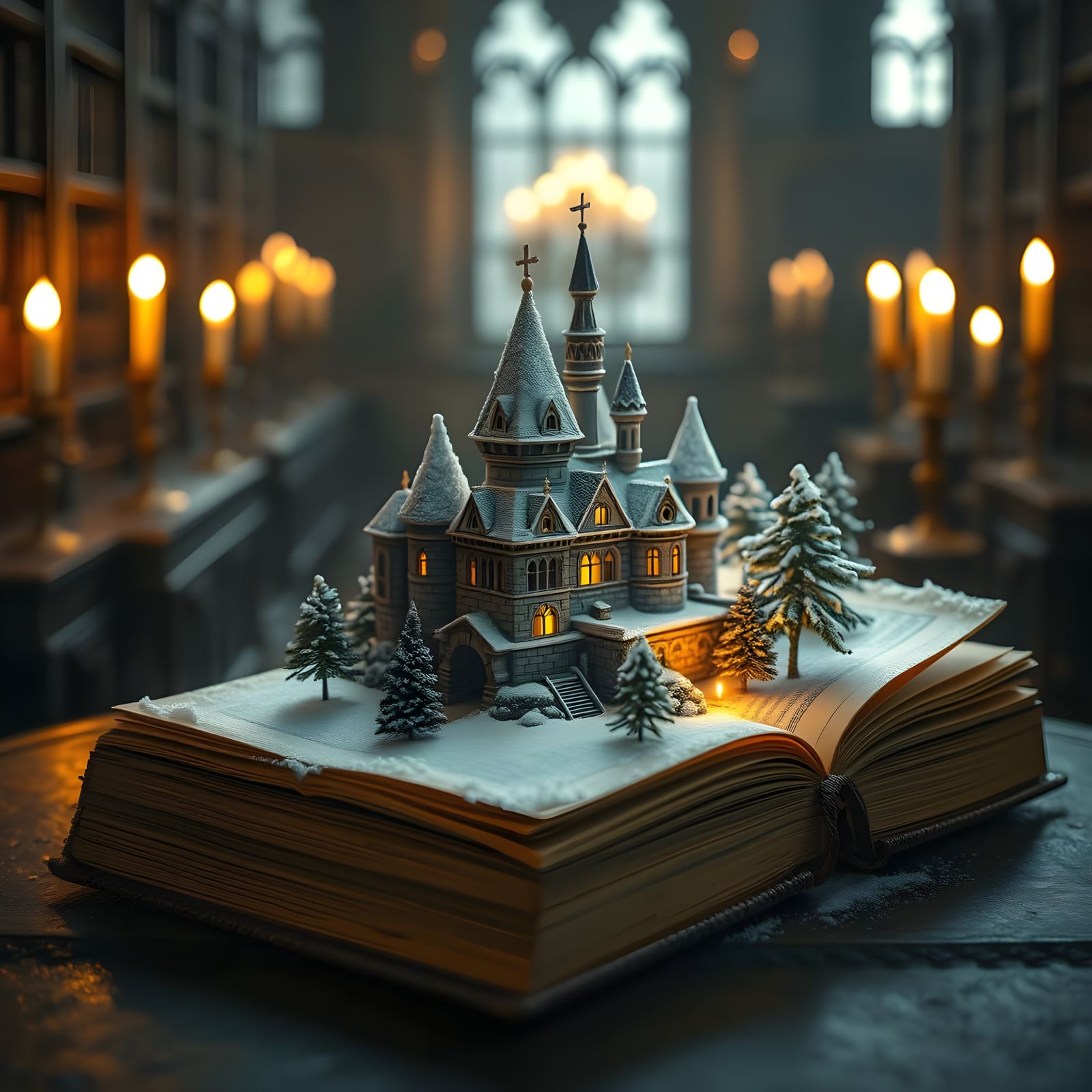 Miniature Snow-Covered Castle Emerges from Ancient Book