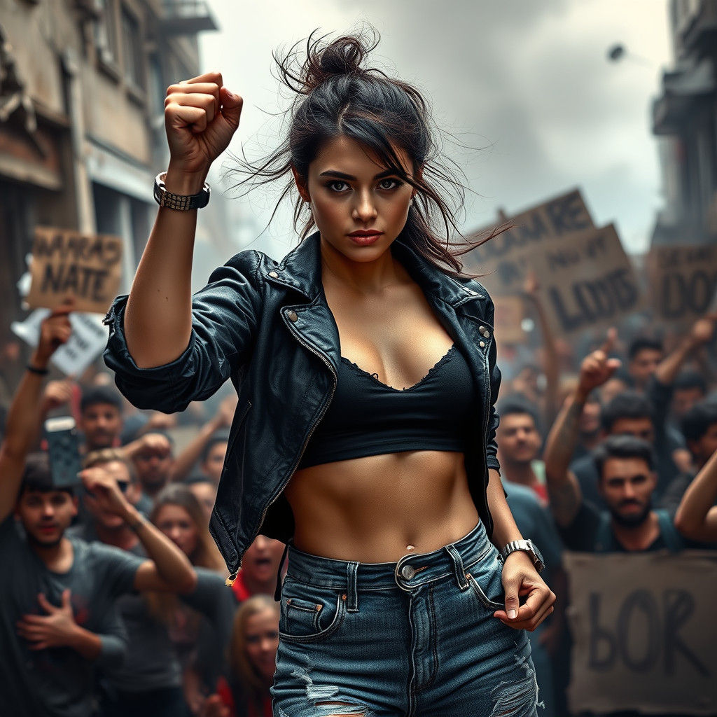 Revolutionary Woman Leading Crowd in Photorealistic Detail