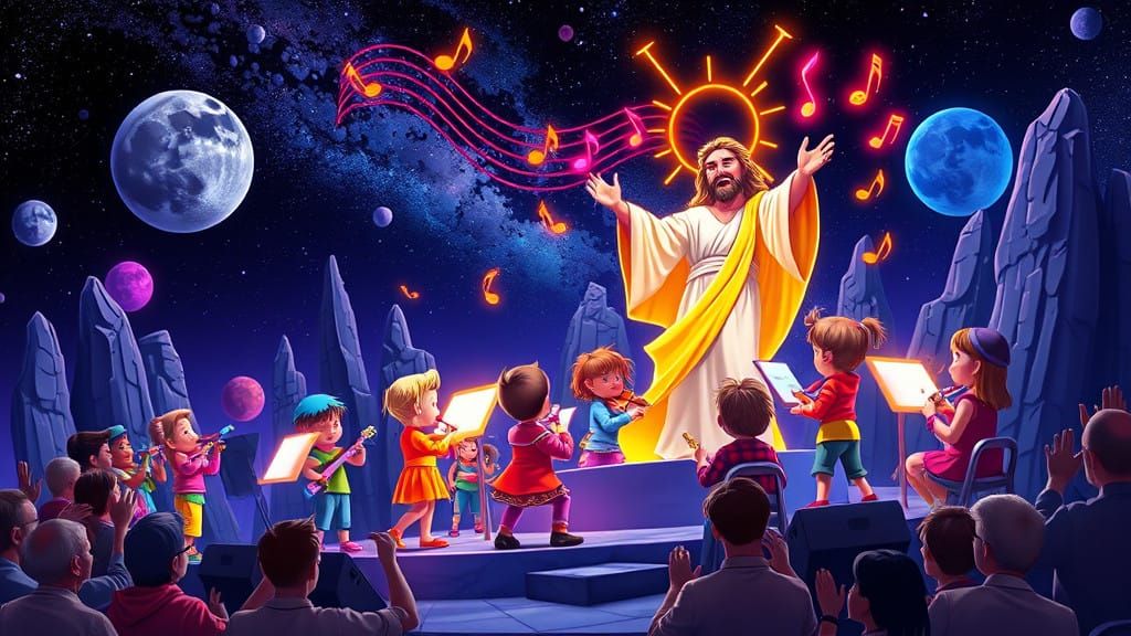 A Vibrant, Cartoon-Style Children's Orchestra Performs on a...