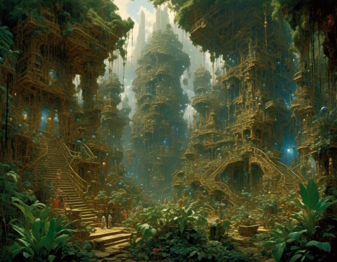 Jungle garden, mystery, haunted, future prehistoric <lora:That Style:1.0>