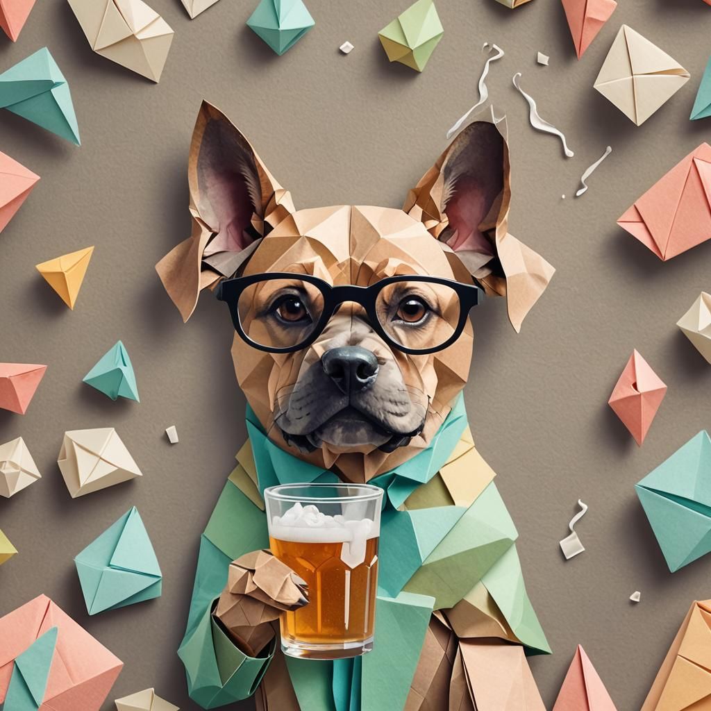 Dog with Glasses Smoking and Drinking: Origami Style