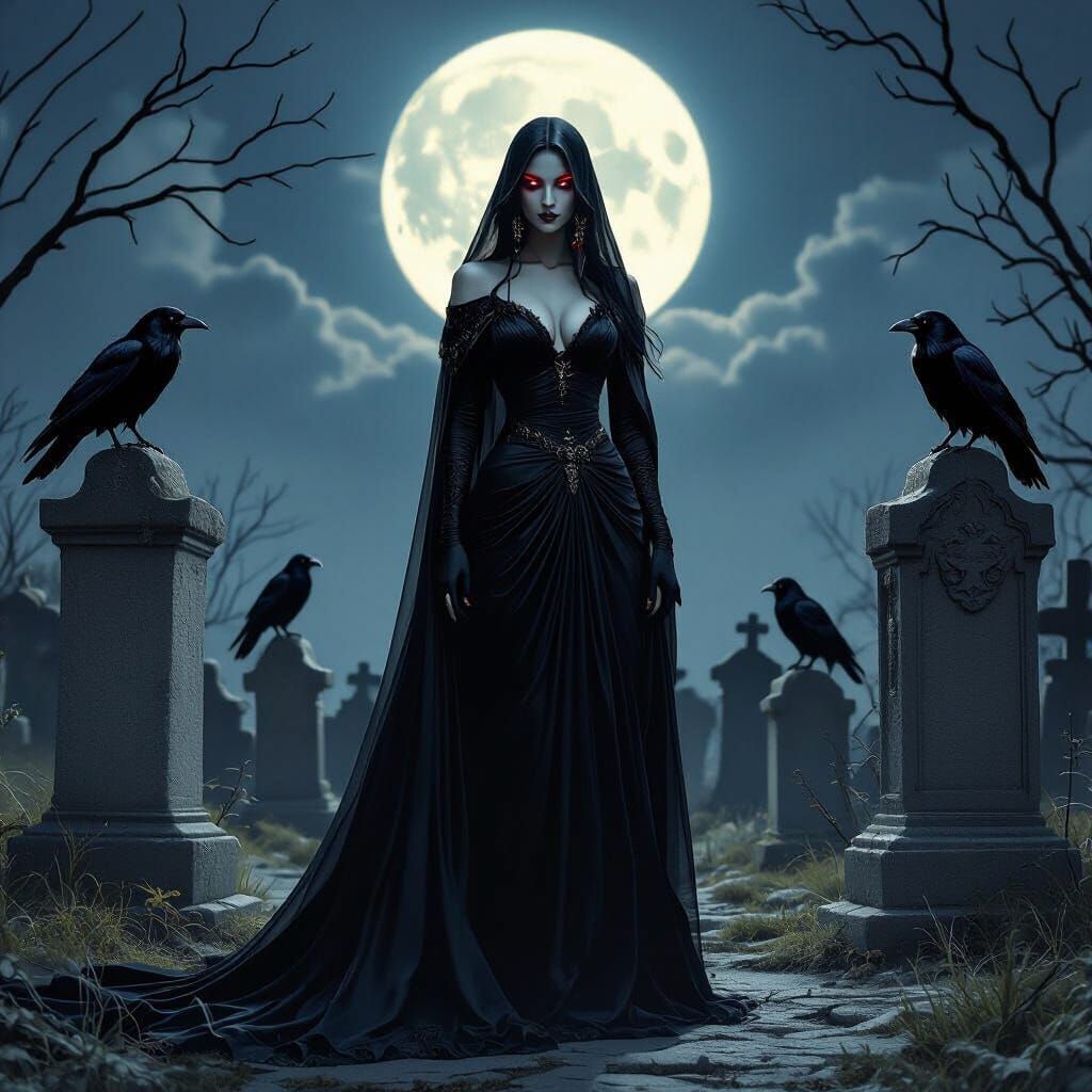 Goddess of Darkness in Moonlit Cemetery with Ravens