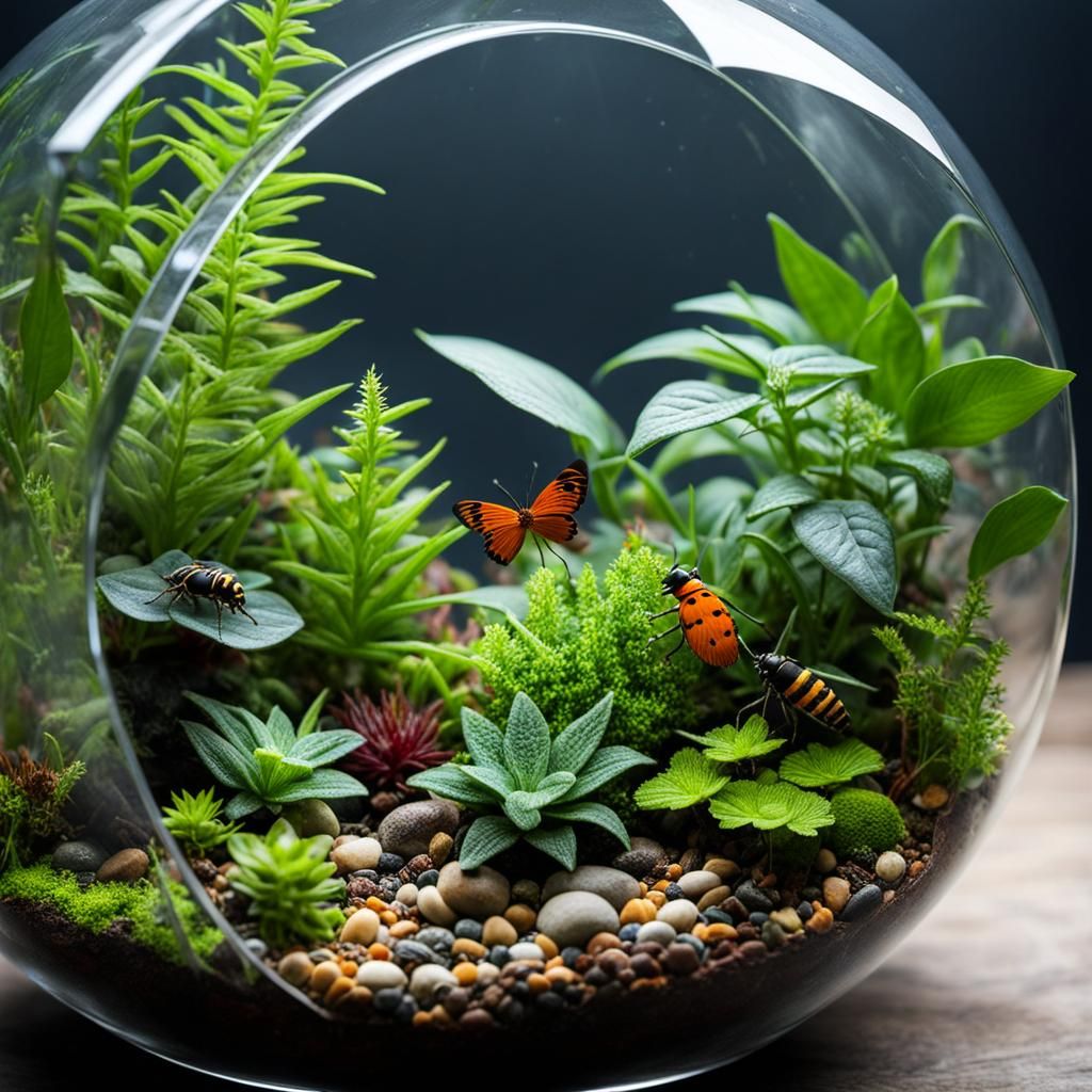 Delicate Plants and Insects in Transparent Terrarium