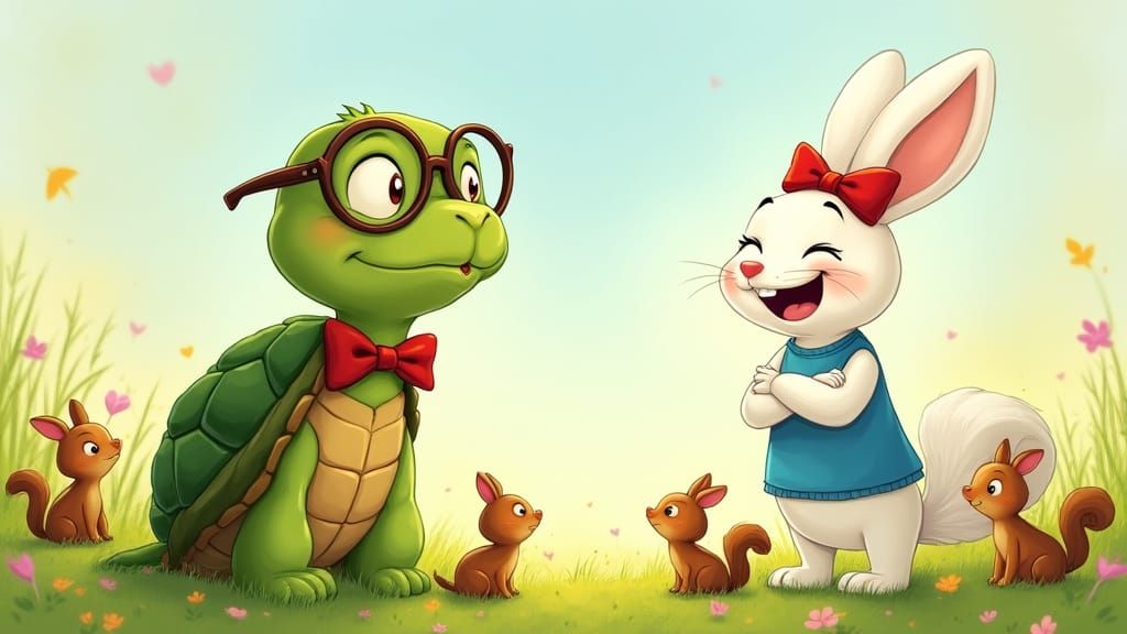 Whimsical Tortoise and Rabbit in Sunny Meadow