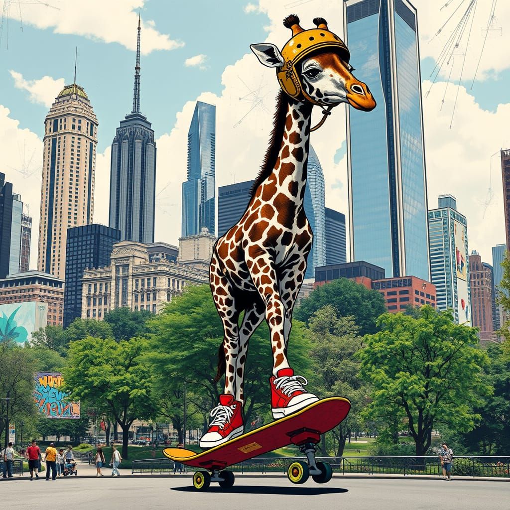 Giraffe Skateboarder in Urban Art Style