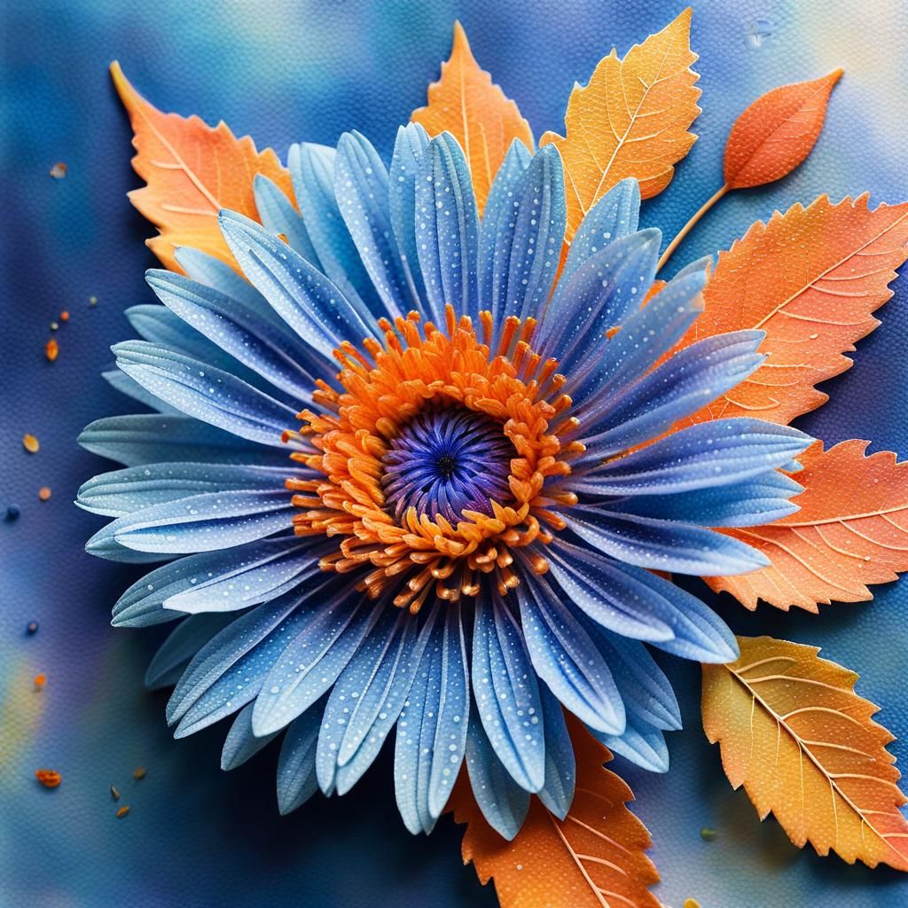 Surreal Autumn Aster in Mixed Media Aquarelle Painting