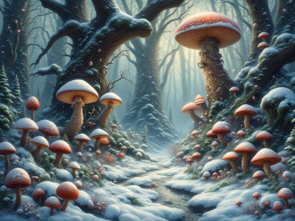 Festive Fantasy Forest with Giant Mushrooms