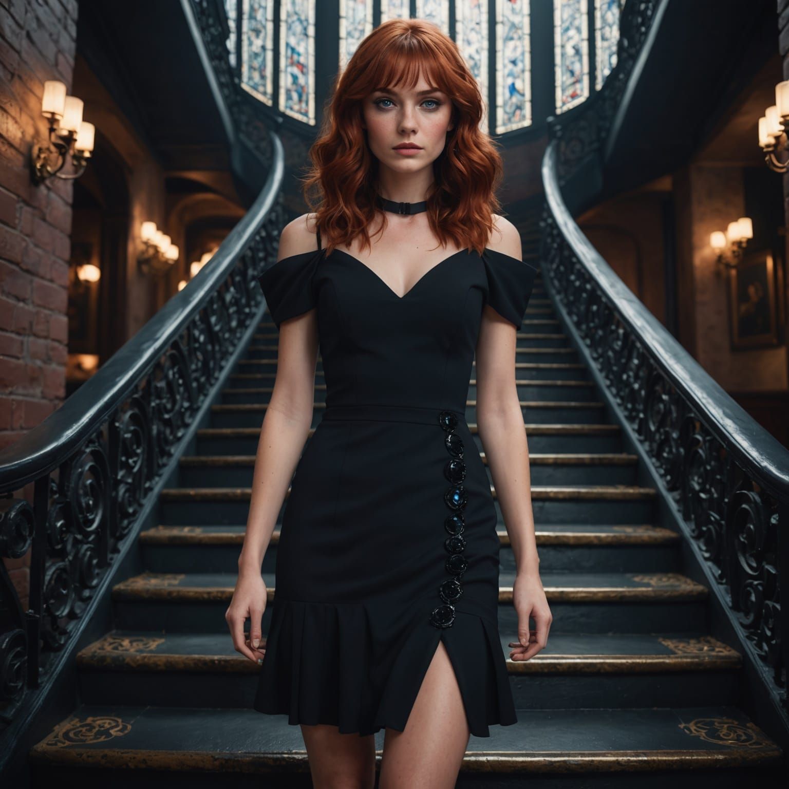 Red Haired Woman Descends Staircase: Digital Art