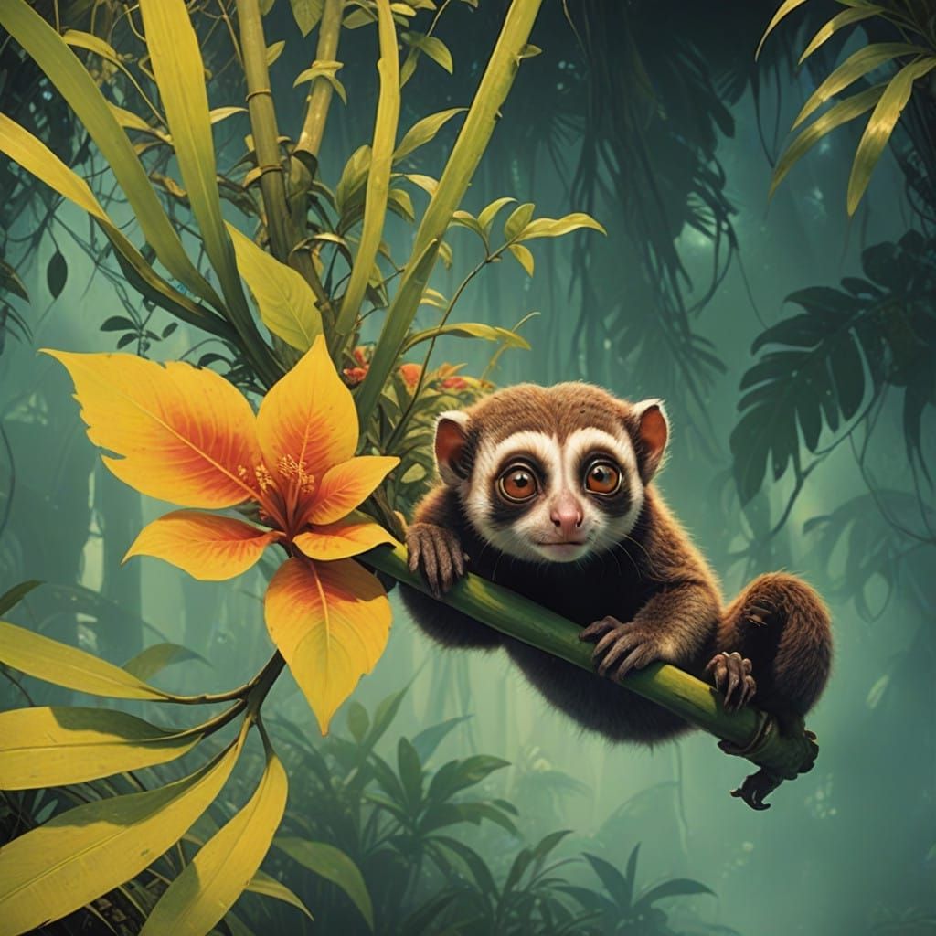 Slow-Loris Emerging from Abstract Jungle Vines in Dark, Mood...