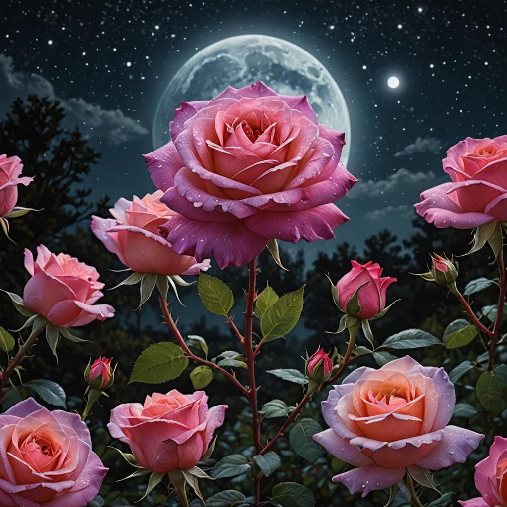 Vivid Rose Under Cosmic Moonlight