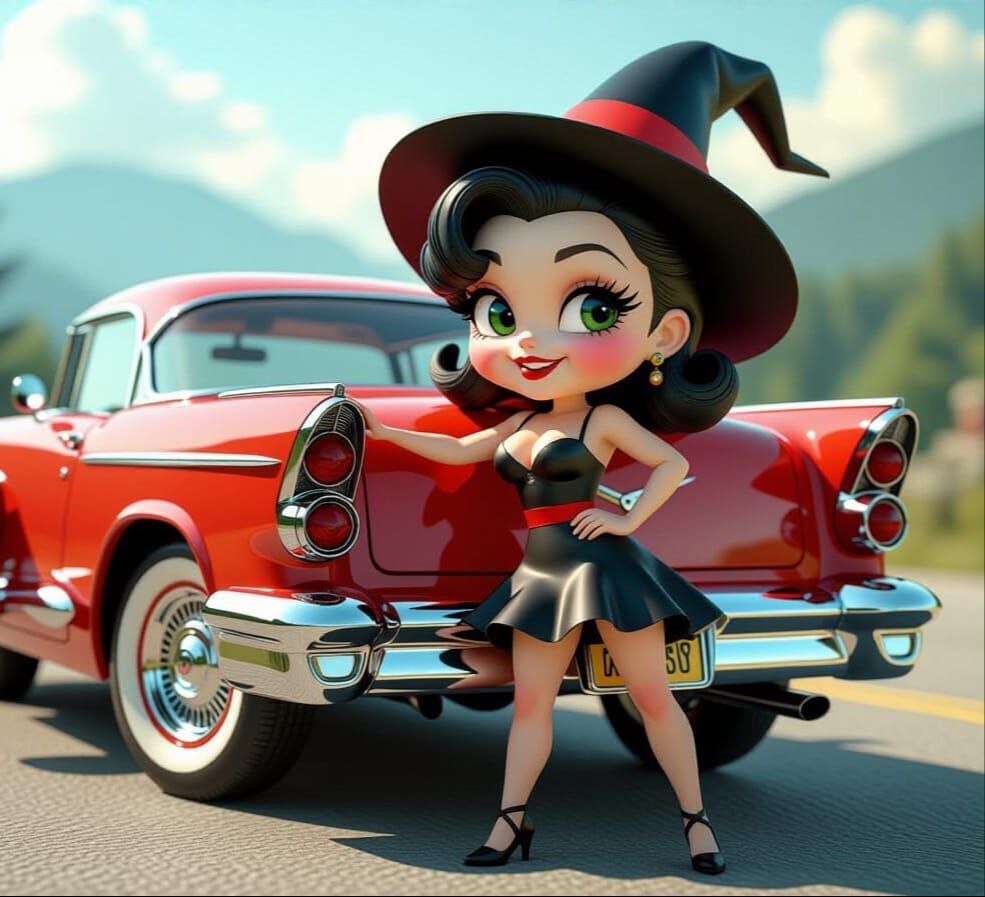 Chibi Witch Leans on Muscle Car in 1950s Racerdress