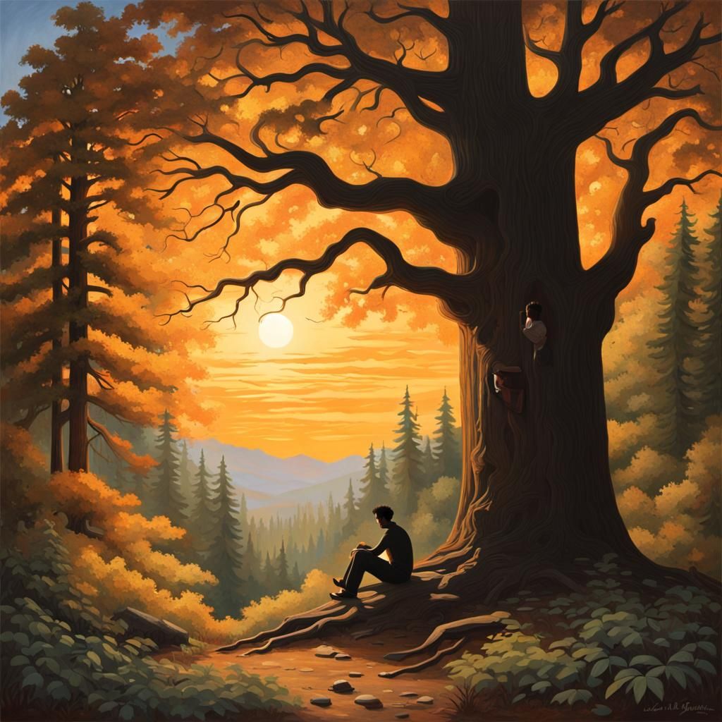 Man Under Ancient Tree in Mystical Forest Painting