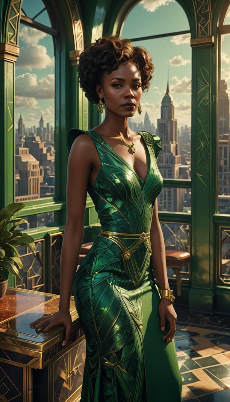 Art Deco Penthouse: Black Woman in Green Dress