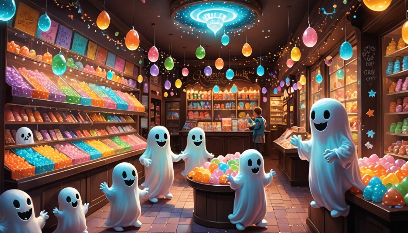 Happy Ghosts Find Chocolate in Candy Store