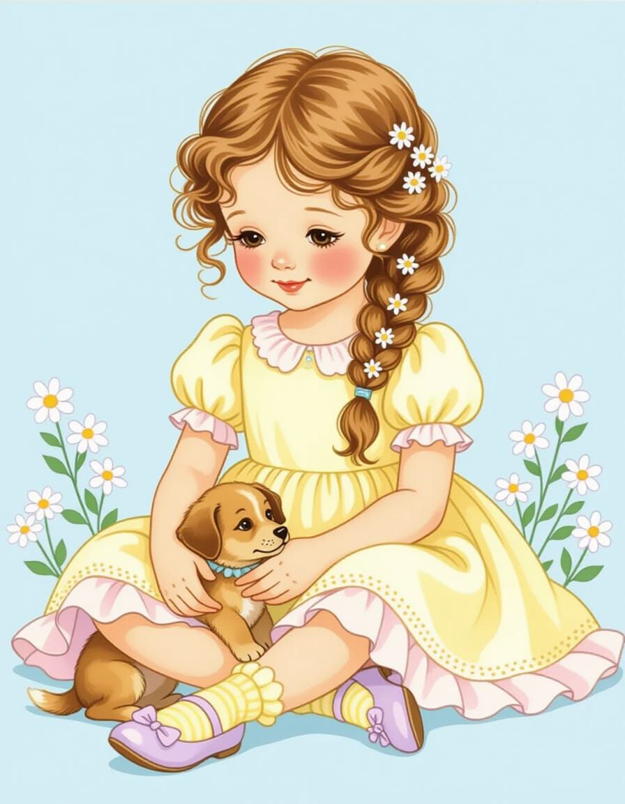 Whimsical Girl Petting Puppy in Watercolor Style