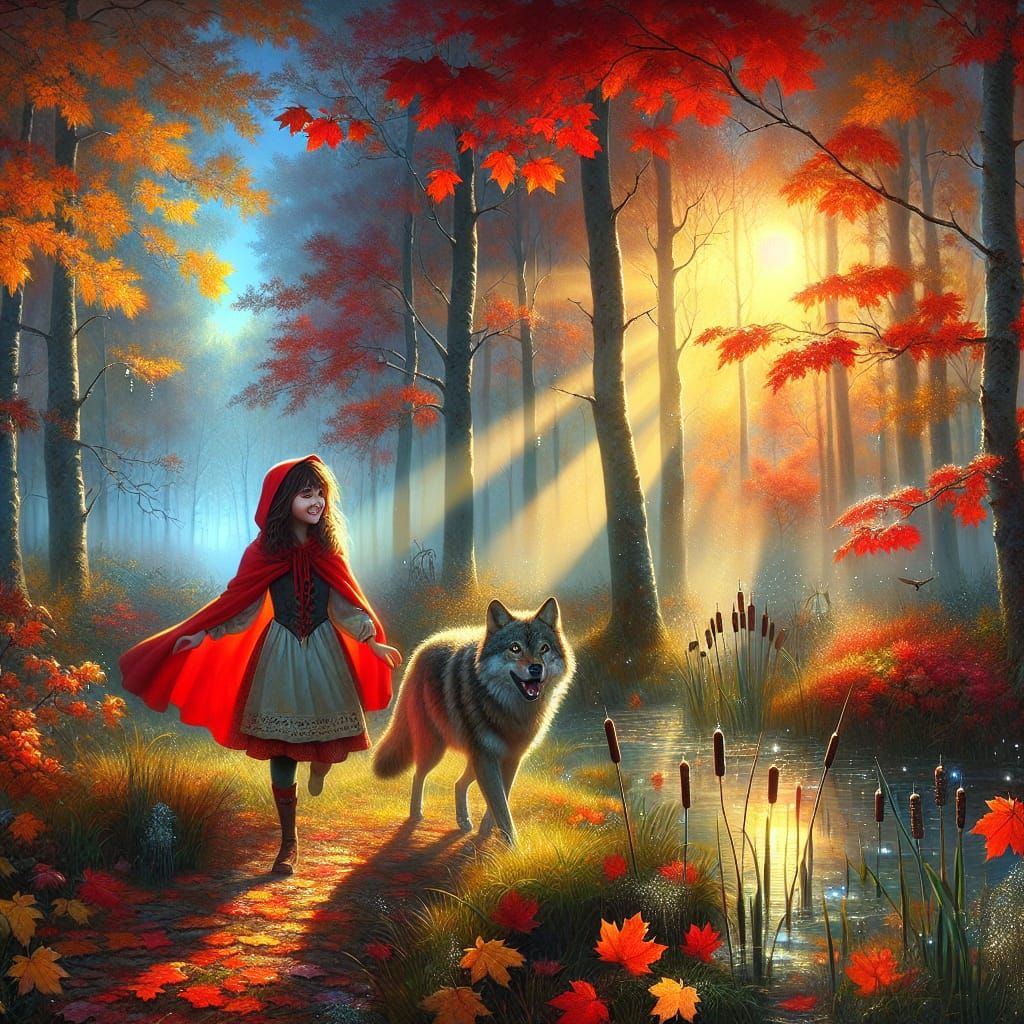 Red Riding Hood and Wolf in Autumn Forest