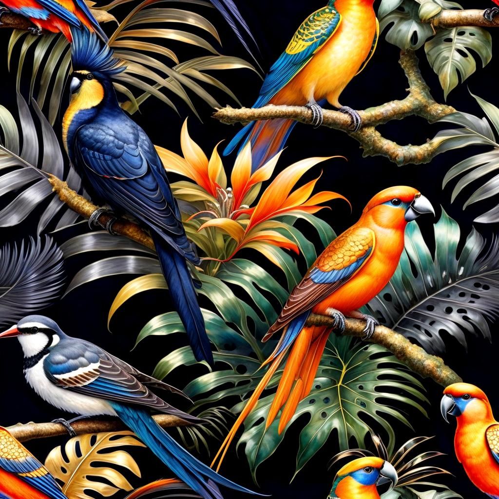 1920s Fantasy Noir Tropical Bird Paradise Watercolour