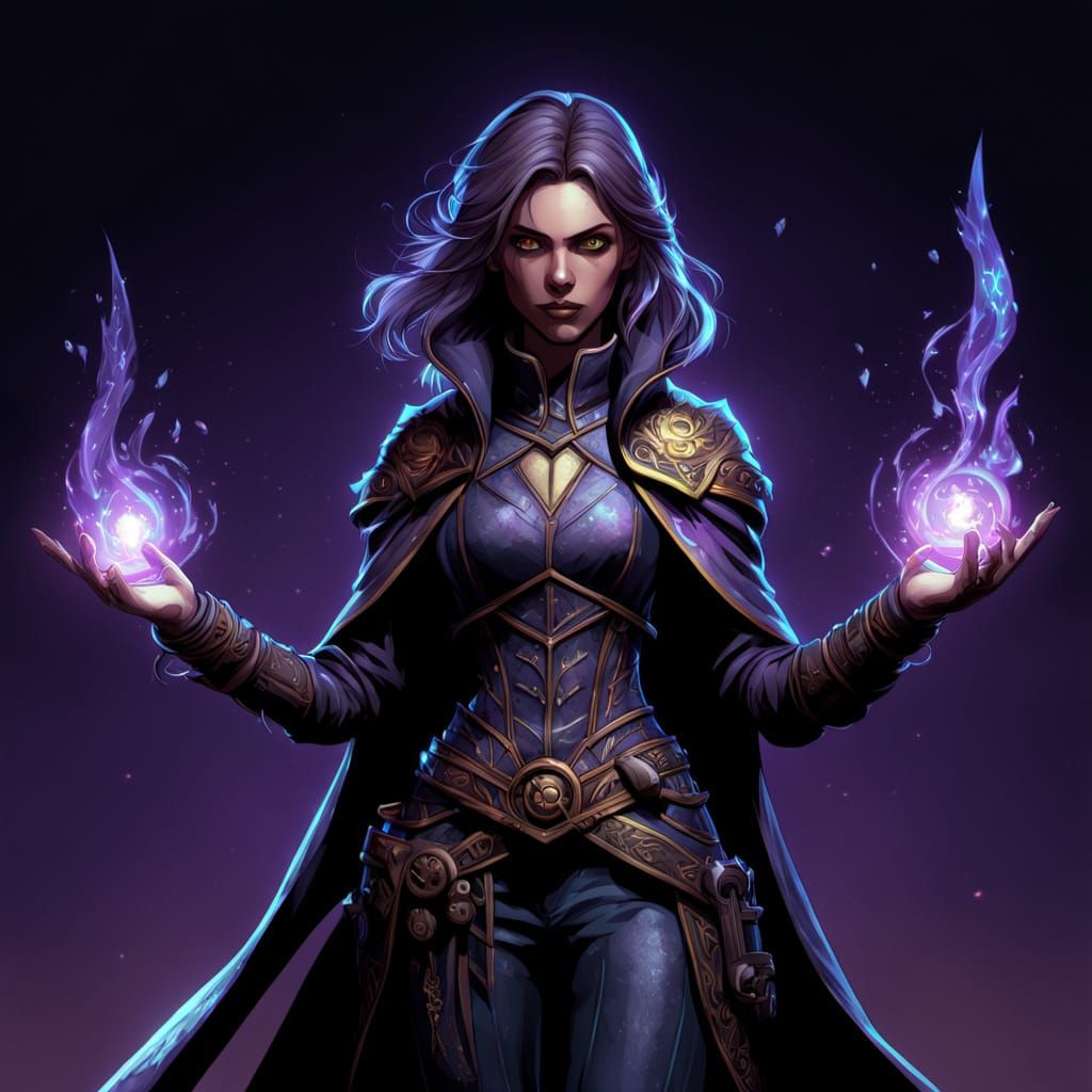 Mystical Hacker Sorceress in Purple and Gold Regalia