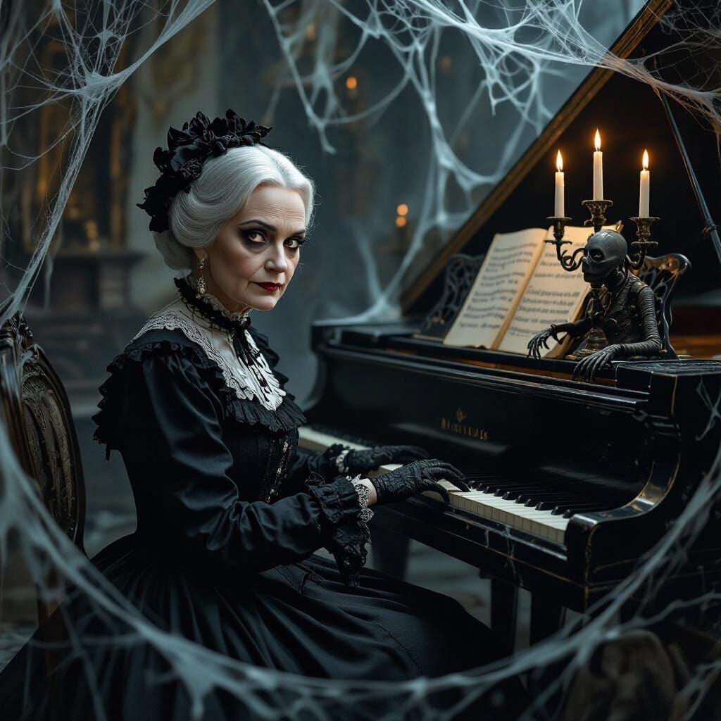 Elderly Wednesday Addams in Gothic Style