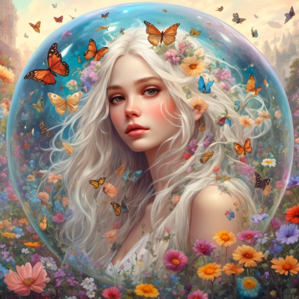 Fairy in Bubble with Wildflowers, Hyperreal Detail