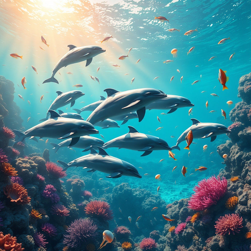 Dolphins in a Vibrant Coral Reef: Dreamlike Matte Painting