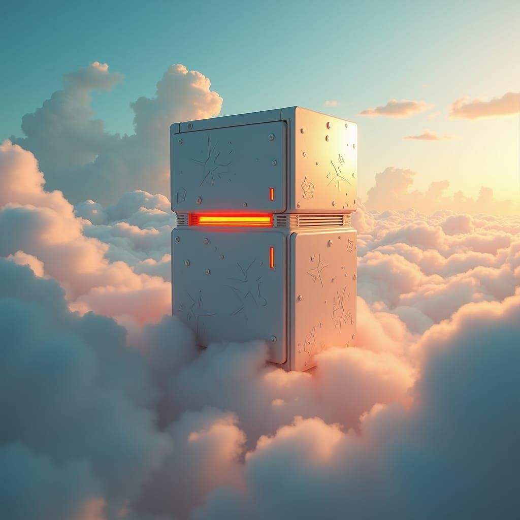 Futuristic Flying Fridge in Mystical Skyscape
