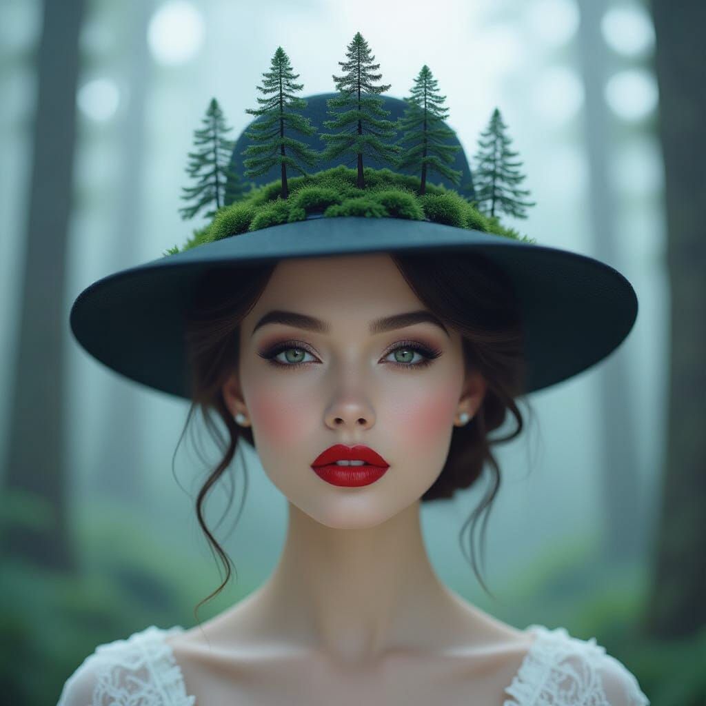 Surreal Woman with Miniature Forest, Ultra-Realistic