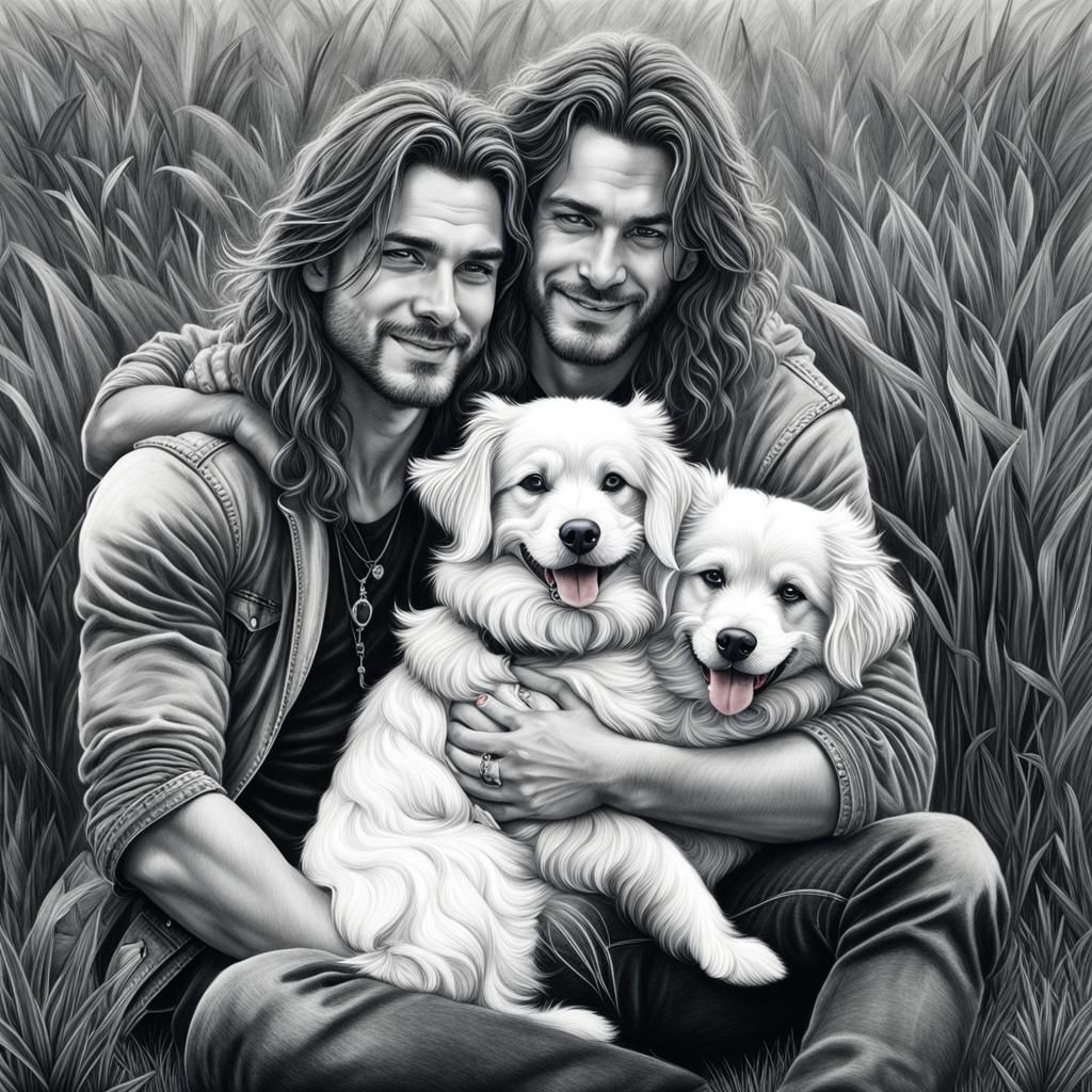 Men in Love with Dog, Hyperrealistic Charcoal Drawing