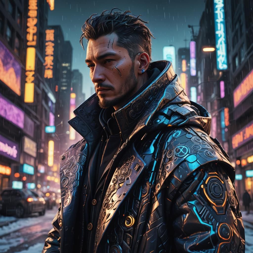 Cyberpunk Renaissance Man in Neon Cityscape